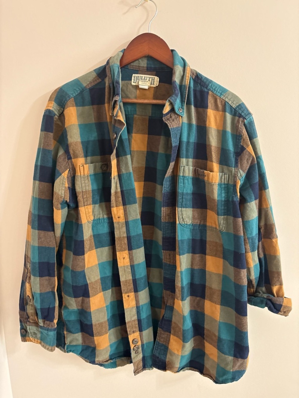 Duluth Trading Co Blue & Mustard Plaid Button-Down Shirt